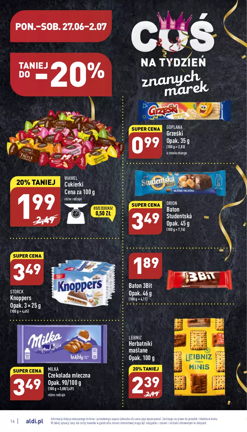 Gazetka promocyjna Aldi - Katalog spożywczy - ważna 27.06 do 02.07.2022 - strona 16 - produkty: Baton, Cukier, Cukierki, Czekolada, Czekolada mleczna, Goplana, Grześki, Herbatniki, Knoppers, LANA, Mango, Milka, Wawel