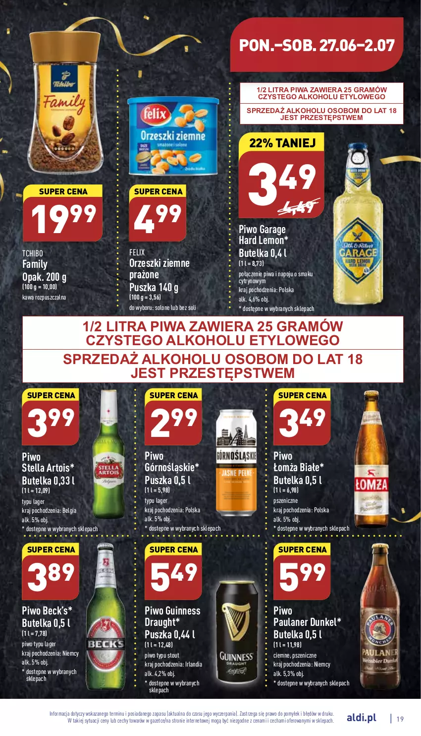 Gazetka promocyjna Aldi - Katalog spożywczy - ważna 27.06 do 02.07.2022 - strona 19 - produkty: Fa, Felix, Gra, Kawa, Kawa rozpuszczalna, LG, Orzeszki, Orzeszki ziemne, Piwa, Piwo, Tchibo, Tchibo Family