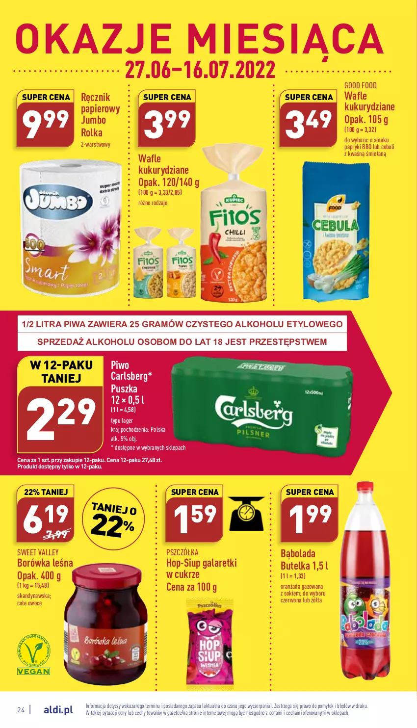 Gazetka promocyjna Aldi - Katalog spożywczy - ważna 27.06 do 02.07.2022 - strona 24 - produkty: Borówka, Carlsberg, Gala, Galaretki, Gra, Oranżada, Owoce, Papier, Piwa, Piwo, Ręcznik, Sok, Wafle