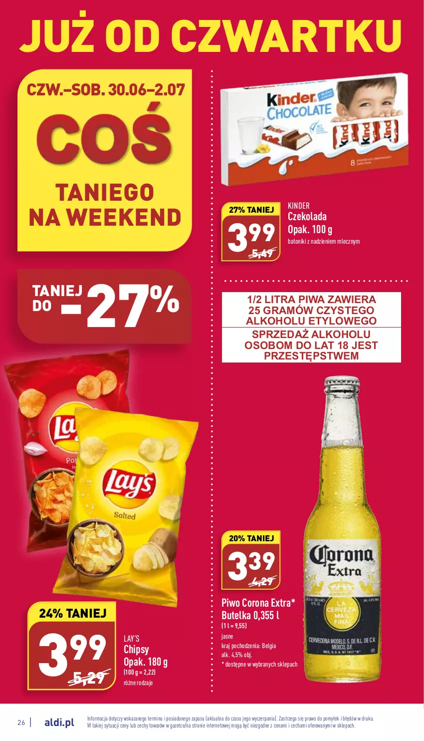 Gazetka promocyjna Aldi - Katalog spożywczy - ważna 27.06 do 02.07.2022 - strona 26 - produkty: Baton, Chipsy, Corona Extra, Czekolada, Gra, Kinder, Lay’s, LG, Piwa, Piwo, Tonik