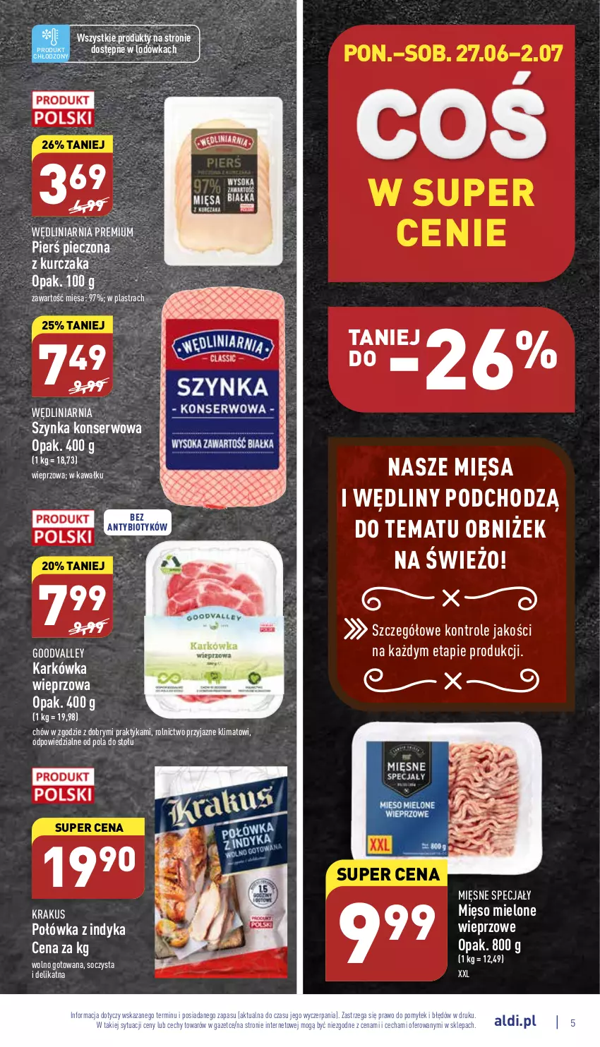 Gazetka promocyjna Aldi - Katalog spożywczy - ważna 27.06 do 02.07.2022 - strona 5 - produkty: Karkówka wieprzowa, Kawa, Krakus, Kurczak, Lodówka, Mięsne specjały, Mięso, Mięso mielone, Piec, Ser, Szynka, Szynka konserwowa