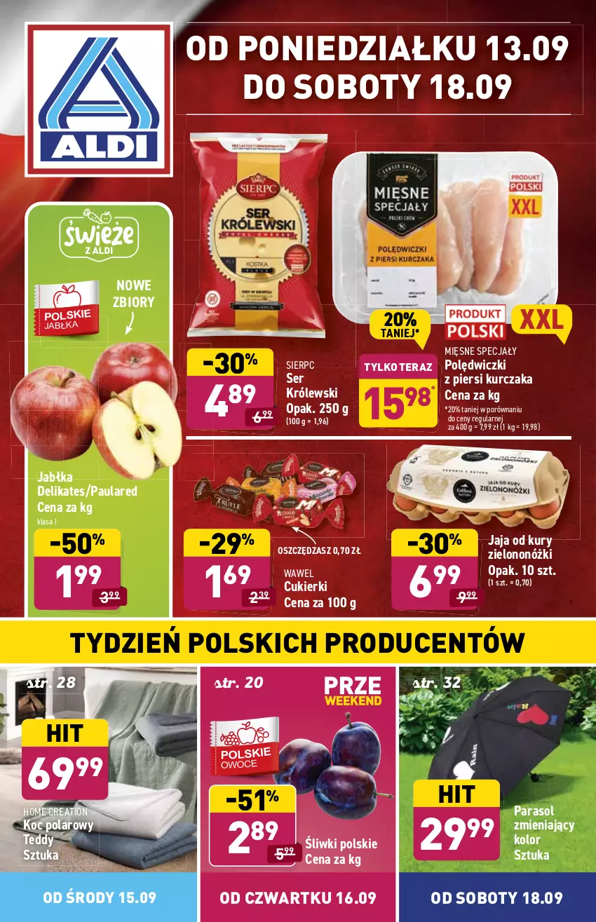 Gazetka promocyjna Aldi - ważna 13.09 do 18.09.2021 - strona 1 - produkty: Cukier, Cukierki, Jabłka, Jaja, Koc, Królewski, Kurczak, Mięsne specjały, Parasol, Por, Ser, Tera, Wawel