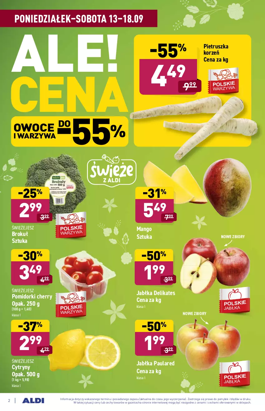 Gazetka promocyjna Aldi - ważna 13.09 do 18.09.2021 - strona 2 - produkty: Cytryny, Jabłka, Mango, Owoce, Pietruszka, Pomidorki, Warzywa