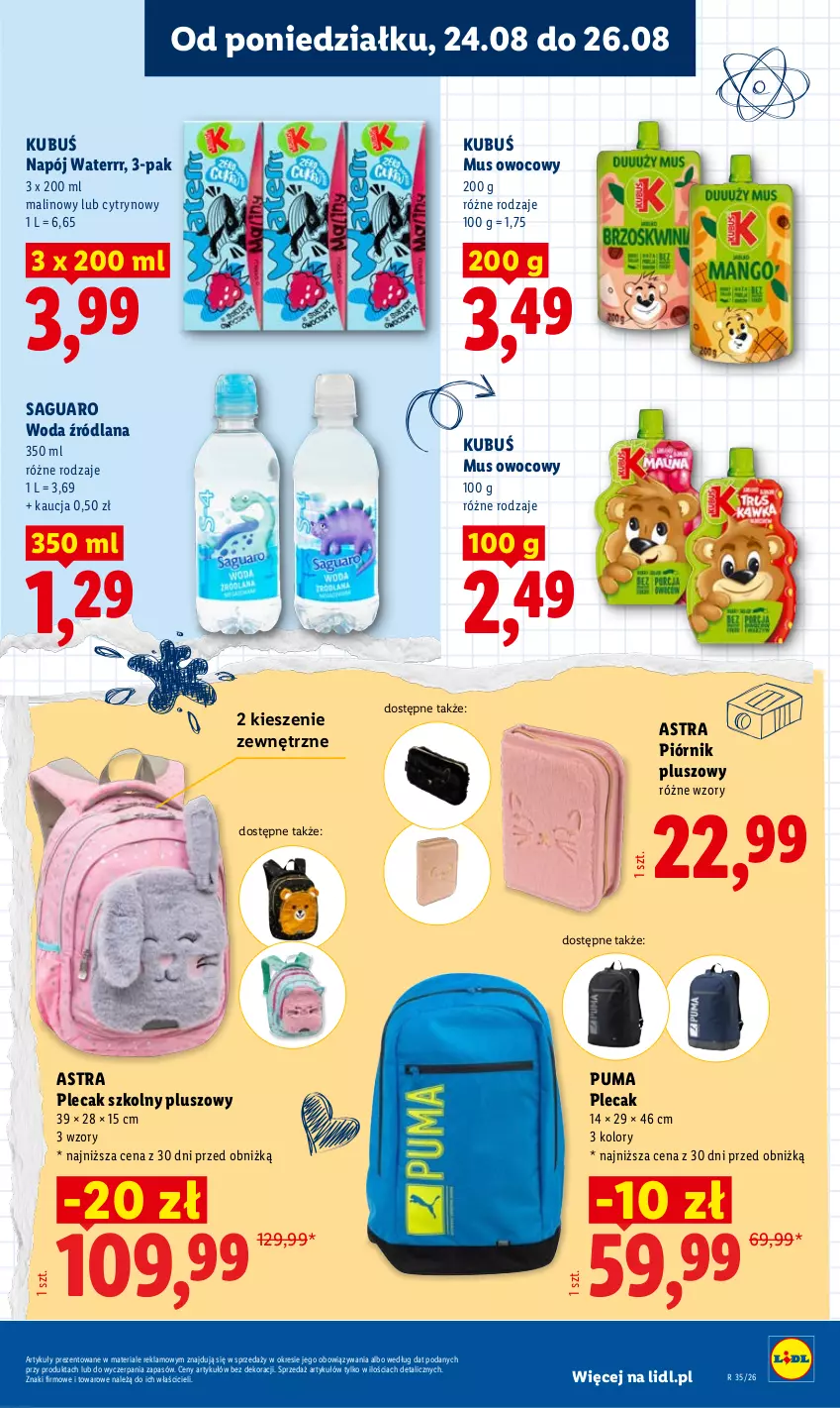 Gazetka promocyjna Lidl - Gazetka ważna od 24.08 do 26.08 - ważna 24.08 do 26.08.2026 - strona 69 - produkty: Kubuś, LANA, Mus, Napój, Piórnik, Plecak, Puma, Woda