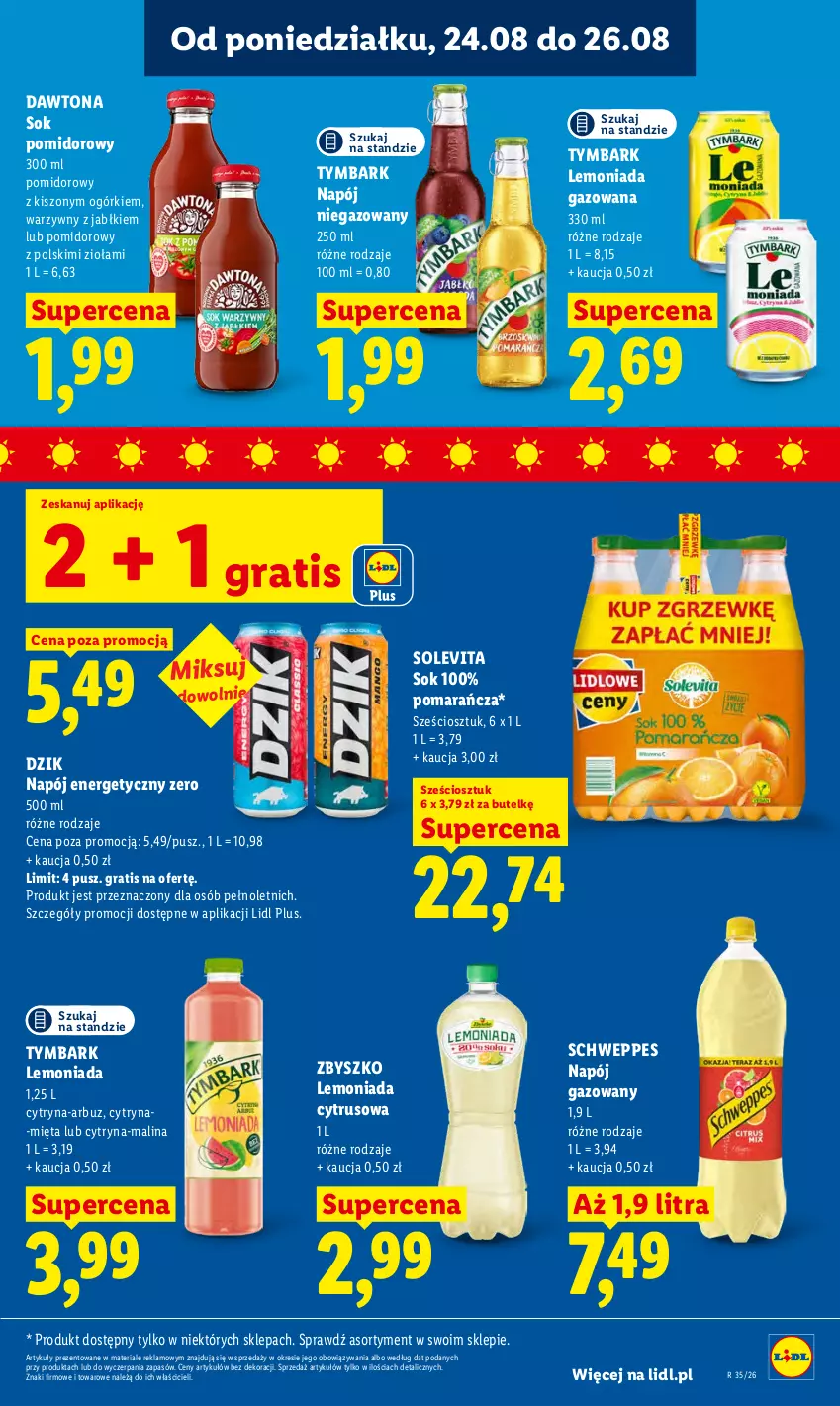 Gazetka promocyjna Lidl - Gazetka ważna od 24.08 do 26.08 - ważna 24.08 do 26.08.2026 - strona 73 - produkty: Arbuz, Dawtona, Gra, Lemoniada, Mięta, Napój, Napój energetyczny, Napój gazowany, Napój niegazowany, Schweppes, Sok, Sok pomidorowy, Tymbark