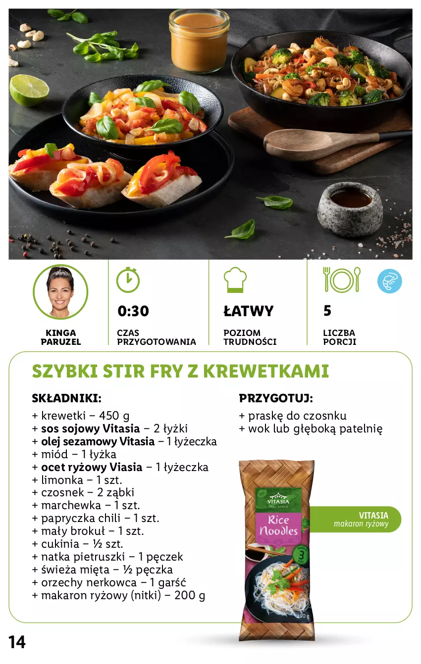 Gazetka promocyjna Lidl - KATALOG VITASIA - ważna 13.06 do 19.06.2022 - strona 14 - produkty: Czosnek, Krewetki, Limonka, Makaron, Makaron ryżowy, Marchewka, Mięta, Miód, Natka pietruszki, Ocet, Ocet ryżowy, Olej, Olej sezamowy, Por, Ryż, Sezam, Sos, Sos sojowy