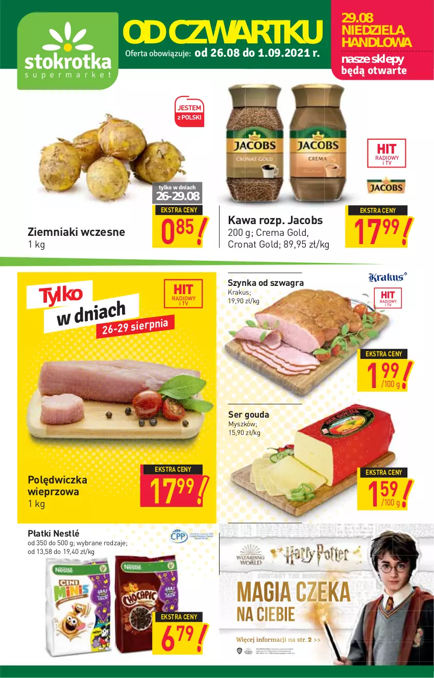 Gazetka promocyjna Stokrotka - Supermarket - ważna 26.08 do 01.09.2021 - strona 1 - produkty: Gouda, Gra, Jacobs, Kawa, Krakus, Mysz, Nestlé, Polędwiczka wieprzowa, Ser, Szynka, Ziemniaki