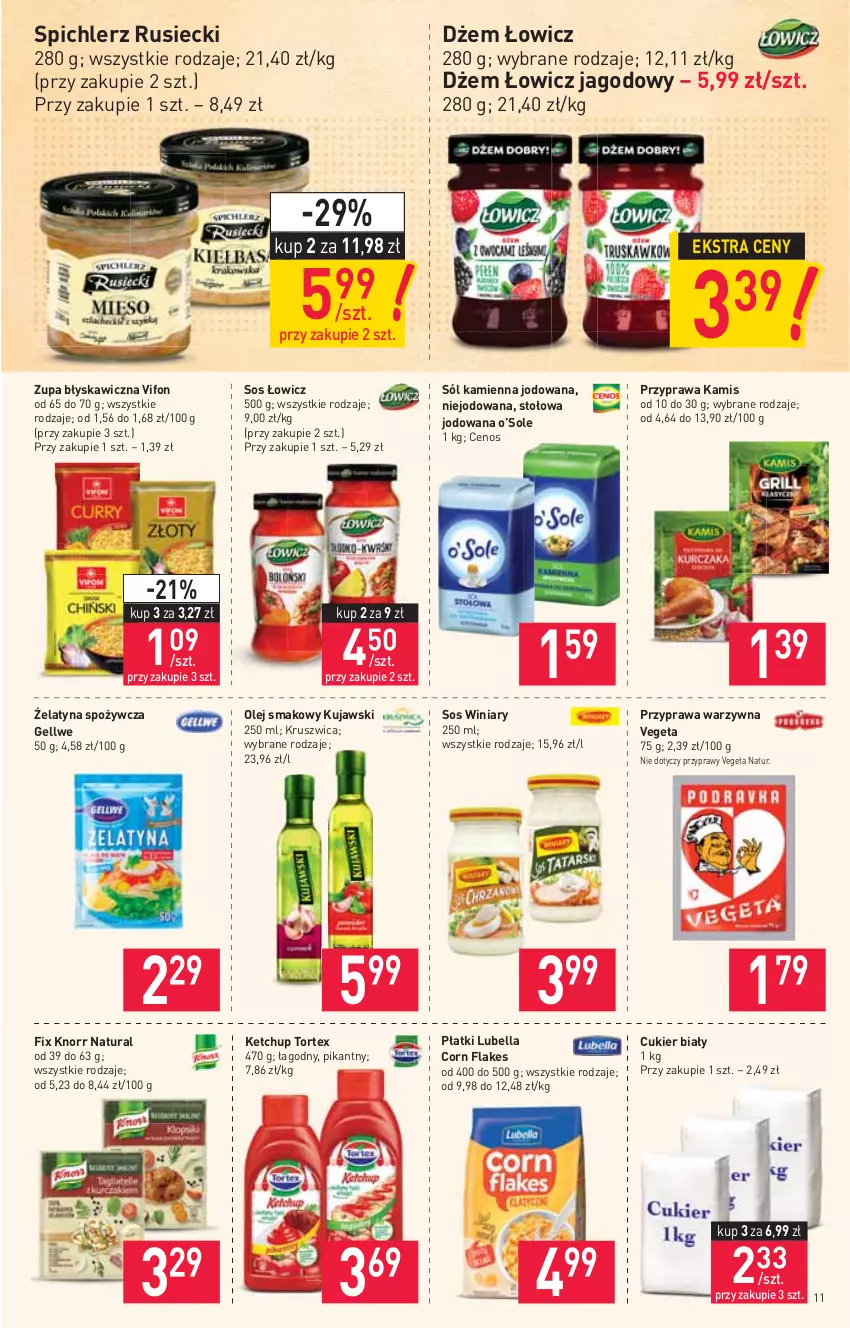 Gazetka promocyjna Stokrotka - Supermarket - ważna 26.08 do 01.09.2021 - strona 11 - produkty: Bell, Bella, Cenos, Corn flakes, Cukier, Dżem, Kamis, Ketchup, Knorr, Kujawski, Lubella, Olej, Olej smakowy, Przyprawy, Sól, Sos, Spichlerz Rusiecki, Vegeta, Vegeta Natur, Winiary, Zupa