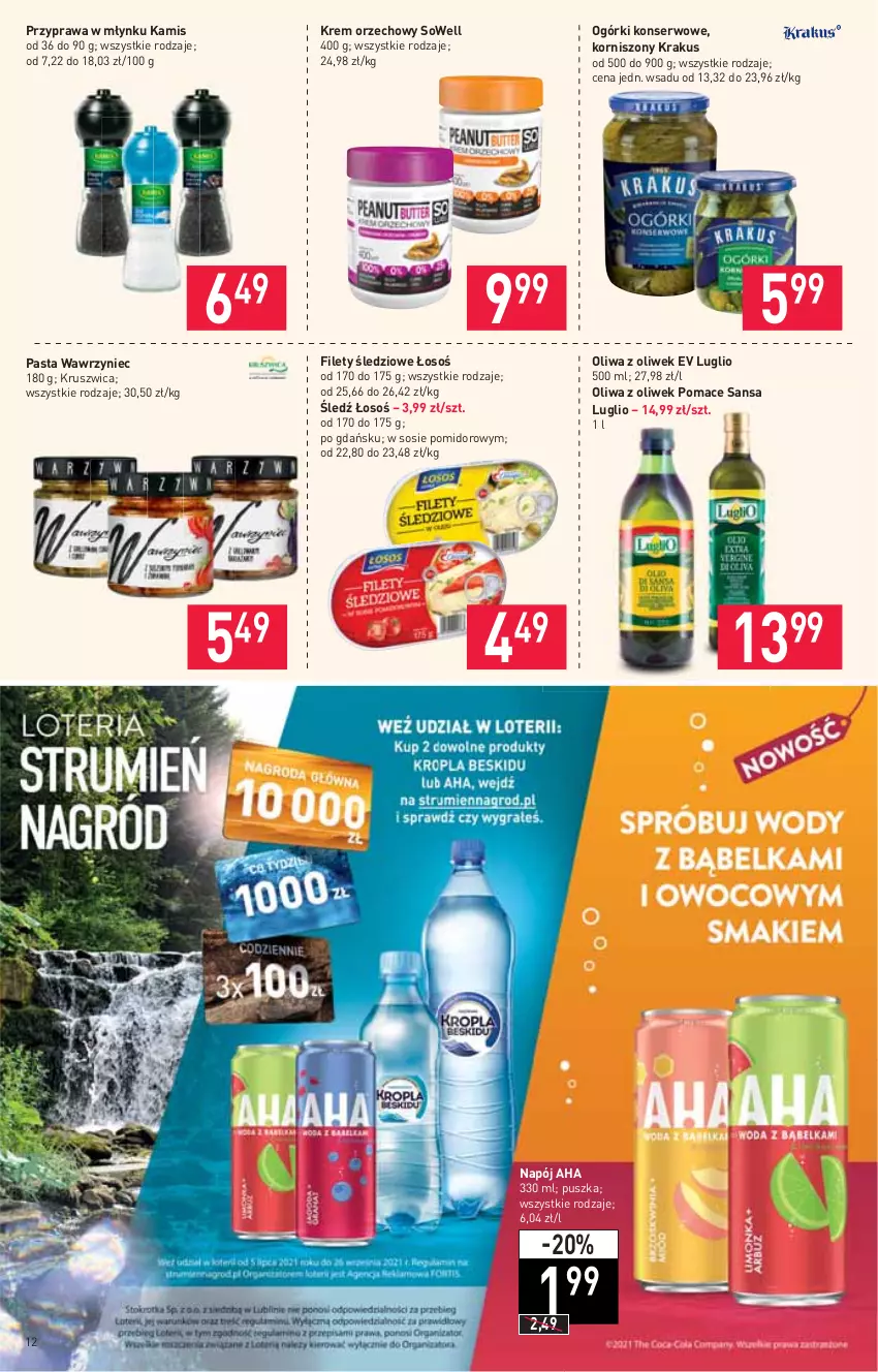 Gazetka promocyjna Stokrotka - Supermarket - ważna 26.08 do 01.09.2021 - strona 12 - produkty: Kamis, Korniszony, Krakus, Krem orzechowy, Napój, Ogórki konserwowe, Oliwa z oliwek, Ser, Sos