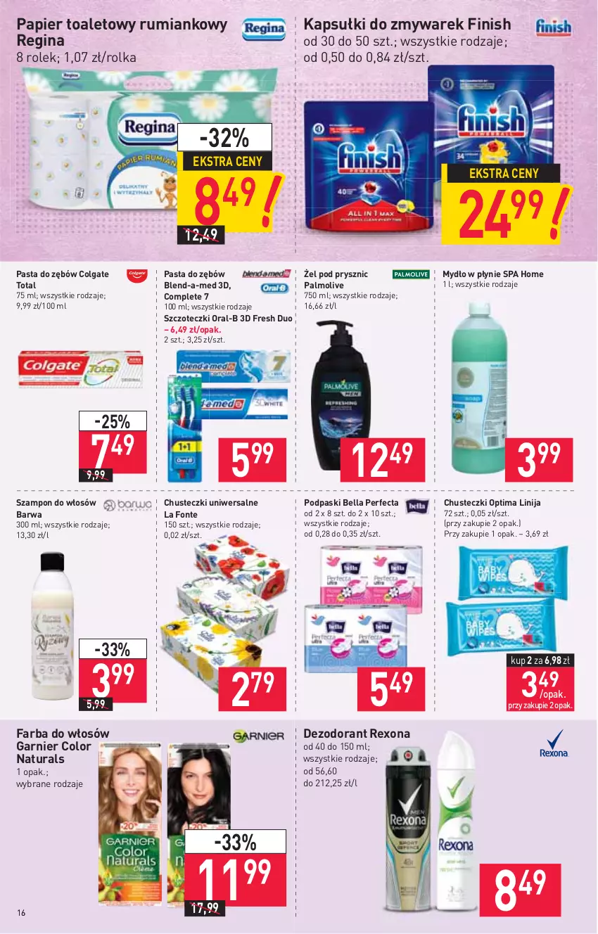 Gazetka promocyjna Stokrotka - Supermarket - ważna 26.08 do 01.09.2021 - strona 16 - produkty: Bell, Bella, Blend-a-Med, Chusteczki, Colgate, Colgate Total, Dezodorant, Fa, Farba do włosów, Finish, Garnier, Gin, LG, Mydło, Mydło w płynie, Optima, Palmolive, Papier, Papier toaletowy, Pasta do zębów, Perfecta, Podpaski, Rexona, Rum, Szampon