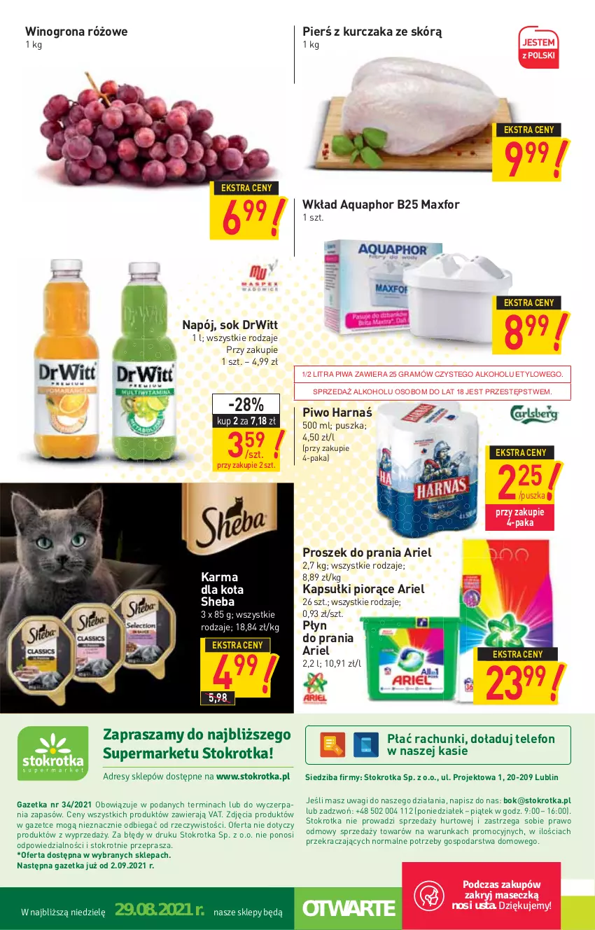 Gazetka promocyjna Stokrotka - Supermarket - ważna 26.08 do 01.09.2021 - strona 20 - produkty: Aquaphor, Ariel, Gra, Harnaś, Kurczak, Napój, O nas, Piwa, Piwo, Płyn do prania, Proszek do prania, Sheba, Sok, Telefon, Wagi, Wino, Winogrona