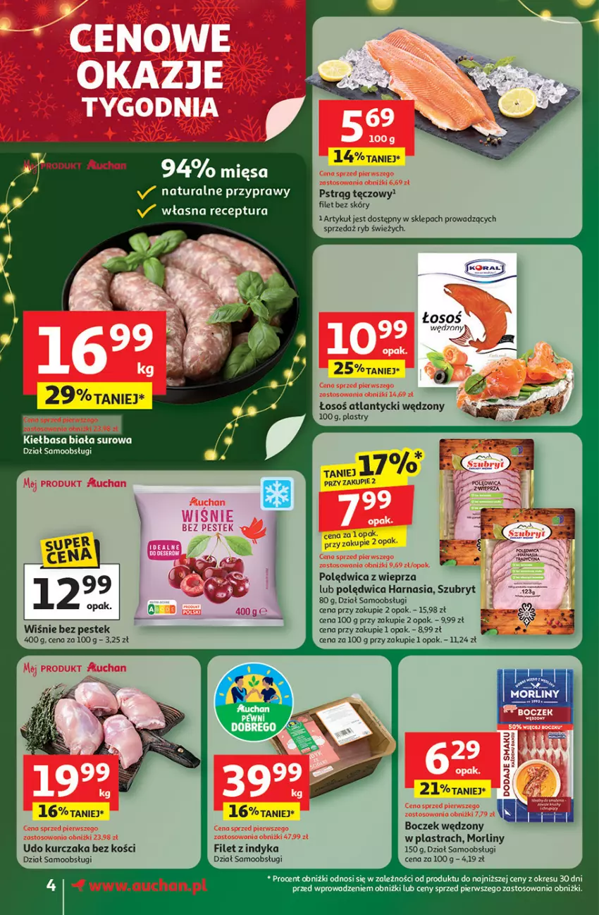 Gazetka promocyjna Auchan - Gazetka Święta jak babcię kocham Supermarket Auchan - ważna 13.11 do 19.11.2025 - strona 4 - produkty: Boczek, Kiełbasa, Kiełbasa biała, Kurczak, Morliny, Polędwica, Przyprawy, Pstrąg, Pstrąg tęczowy, Stek, Szubryt