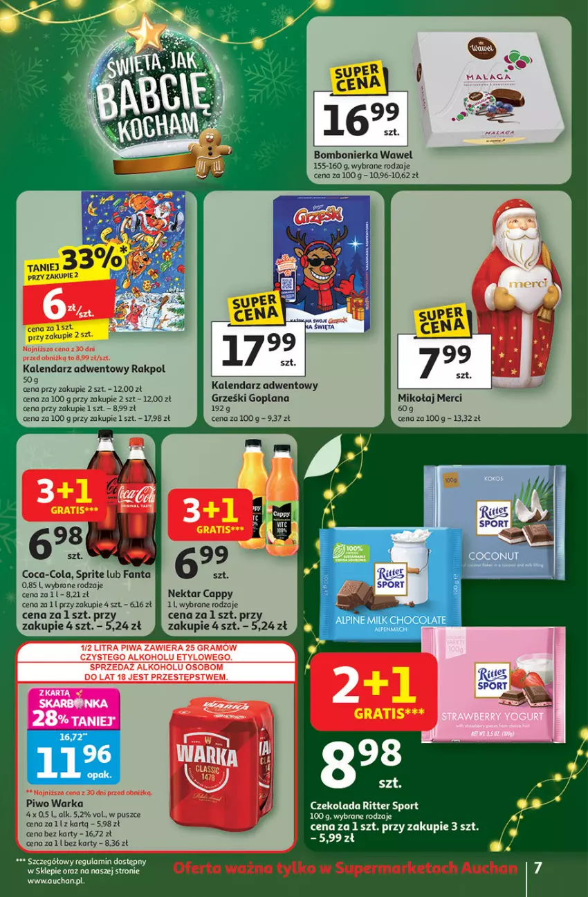 Gazetka promocyjna Auchan - Gazetka Święta jak babcię kocham Supermarket Auchan - ważna 13.11 do 19.11.2025 - strona 7 - produkty: Cappy, Coca-Cola, Czekolada, Fa, Fanta, Goplana, Grześki, Kalendarz, Kalendarz adwentowy, LANA, Merci, Nektar, Piwo, Por, Ritter Sport, Sport, Warka, Wawel
