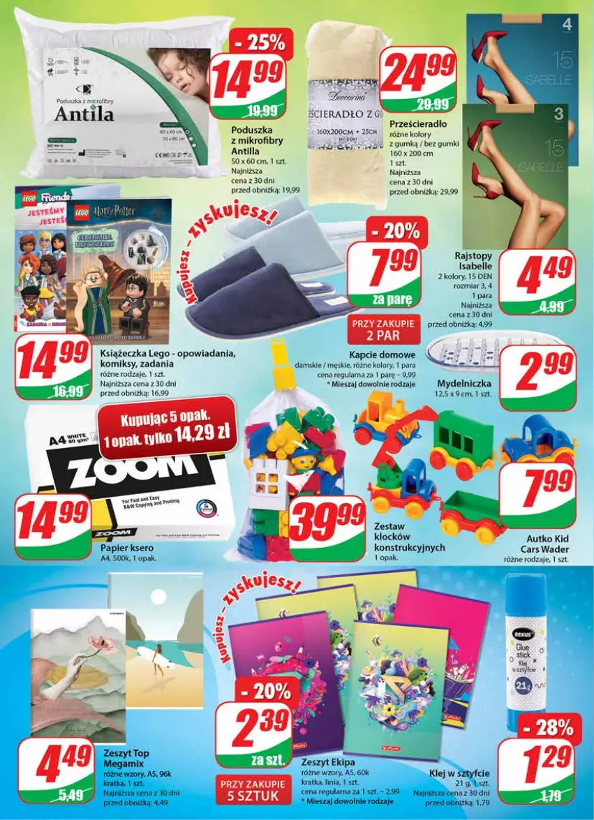 Gazetka promocyjna Dino - Gazetka 39 - ważna 27.09 do 03.10.2023 - strona 20 - produkty: Bell, Cars, Fa, Kapcie, Klej, LEGO, Mydelniczka, Papier, Poduszka, Rajstopy, Ser, Top