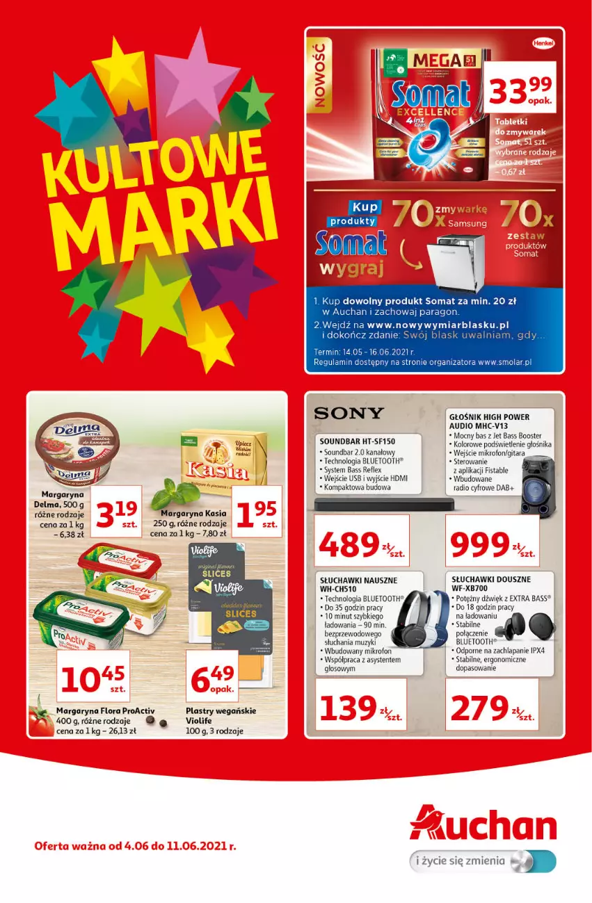 Gazetka promocyjna Auchan - Kultowe Marki Hipermarkety - ważna 04.06 do 11.06.2021 - strona 1 - produkty: Booster, Flora, Gitara, Głośnik, Kasia, Margaryna, Mikrofon, Mola, Por, Power audio, Słuchawki, Somat, Sony, Soundbar