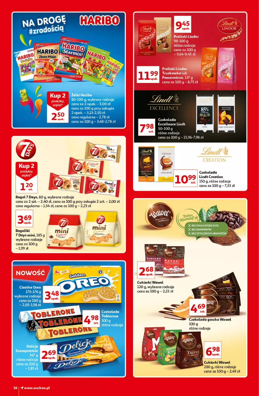 Gazetka promocyjna Auchan - Kultowe Marki Hipermarkety - ważna 04.06 do 11.06.2021 - strona 16 - produkty: 7 Days, Ciastka, Cukier, Cukierki, Czekolada, Czekolada gorzka, Fa, Haribo, Lindt, Oreo, Rogal, Toblerone, Wawel