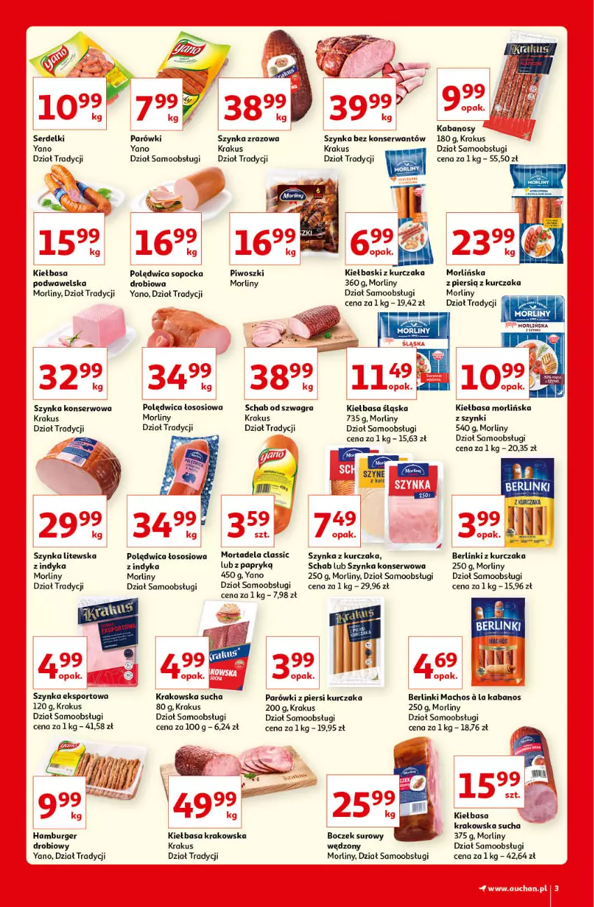 Gazetka promocyjna Auchan - Kultowe Marki Hipermarkety - ważna 04.06 do 11.06.2021 - strona 3 - produkty: Berlinki, Boczek, Burger, Gra, Hamburger, Kabanos, Kiełbasa, Kiełbasa krakowska, Kiełbasa śląska, Krakus, Kurczak, Morliny, Parówki, Parówki z piersi kurczaka, Piwo, Polędwica, Por, Ser, Serdelki, Sos, Sport, Szynka, Szynka konserwowa, Wawel