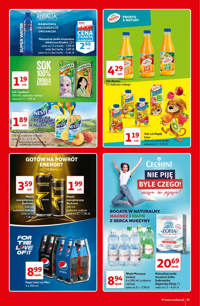 Gazetka promocyjna Auchan - Kultowe Marki Hipermarkety - ważna 04.06 do 11.06.2021 - strona 31 - produkty: Hortex, Leon, Napój, Pepsi, Sok, Woda, Woda mineralna