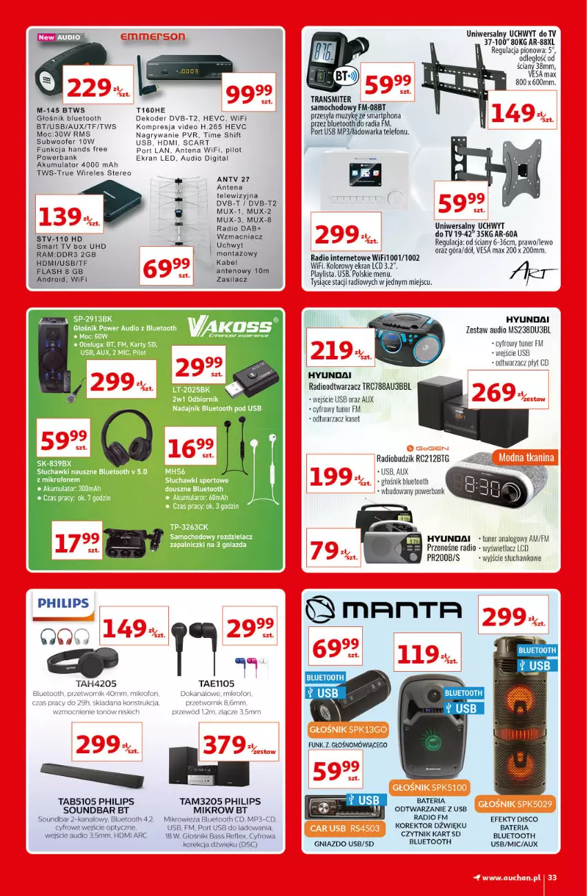 Gazetka promocyjna Auchan - Kultowe Marki Hipermarkety - ważna 04.06 do 11.06.2021 - strona 33 - produkty: Akumulator, Bateria, Budzik, Głośnik, Głośnik bluetooth, Gry, Mikrofon, Mikrowieża, Philips, Por, Power audio, Powerbank, Radiobudzik, Radioodtwarzacz, Słuchawki, Smart tv, Soundbar, Sport, Subwoofer, Telefon, Tran, Transmiter, Transmiter samochodowy, Warka