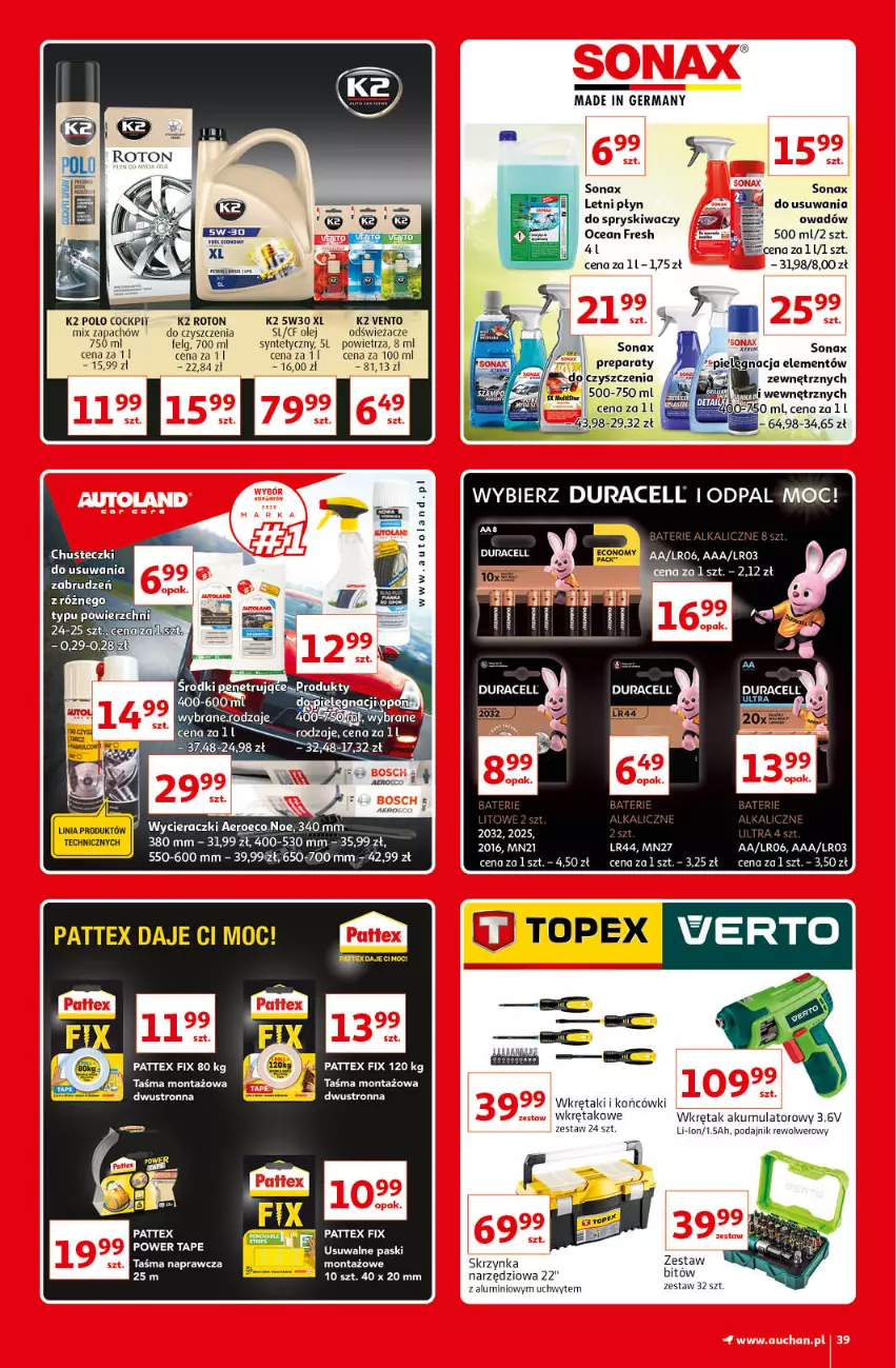 Gazetka promocyjna Auchan - Kultowe Marki Hipermarkety - ważna 04.06 do 11.06.2021 - strona 39 - produkty: Akumulator, Duracell, K2, LG, Olej, Sonax, Taśma montażowa, Taśma naprawcza, Wkręt, Wkrętak akumulatorowy, Zestaw narzędzi