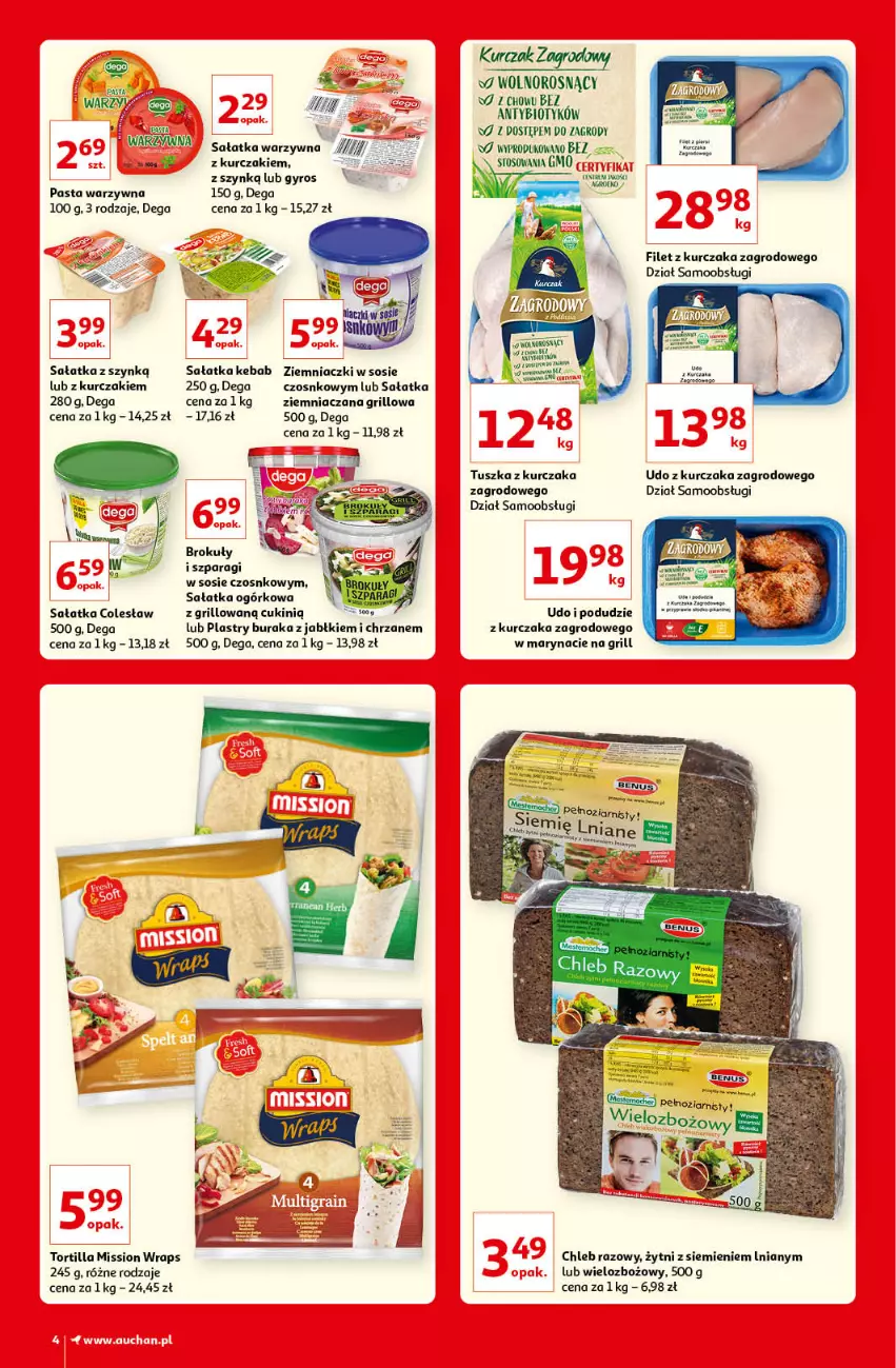 Gazetka promocyjna Auchan - Kultowe Marki Hipermarkety - ważna 04.06 do 11.06.2021 - strona 4 - produkty: Brokuły, Chleb, Chrzan, Dega, Grill, Gyros, Kebab, Kurczak, Pasta warzywna, Podudzie z kurczaka, Sałat, Sałatka, Sałatka ogórkowa, Sałatka warzywna, Sos, Tortilla, Tusz, Udo z kurczaka