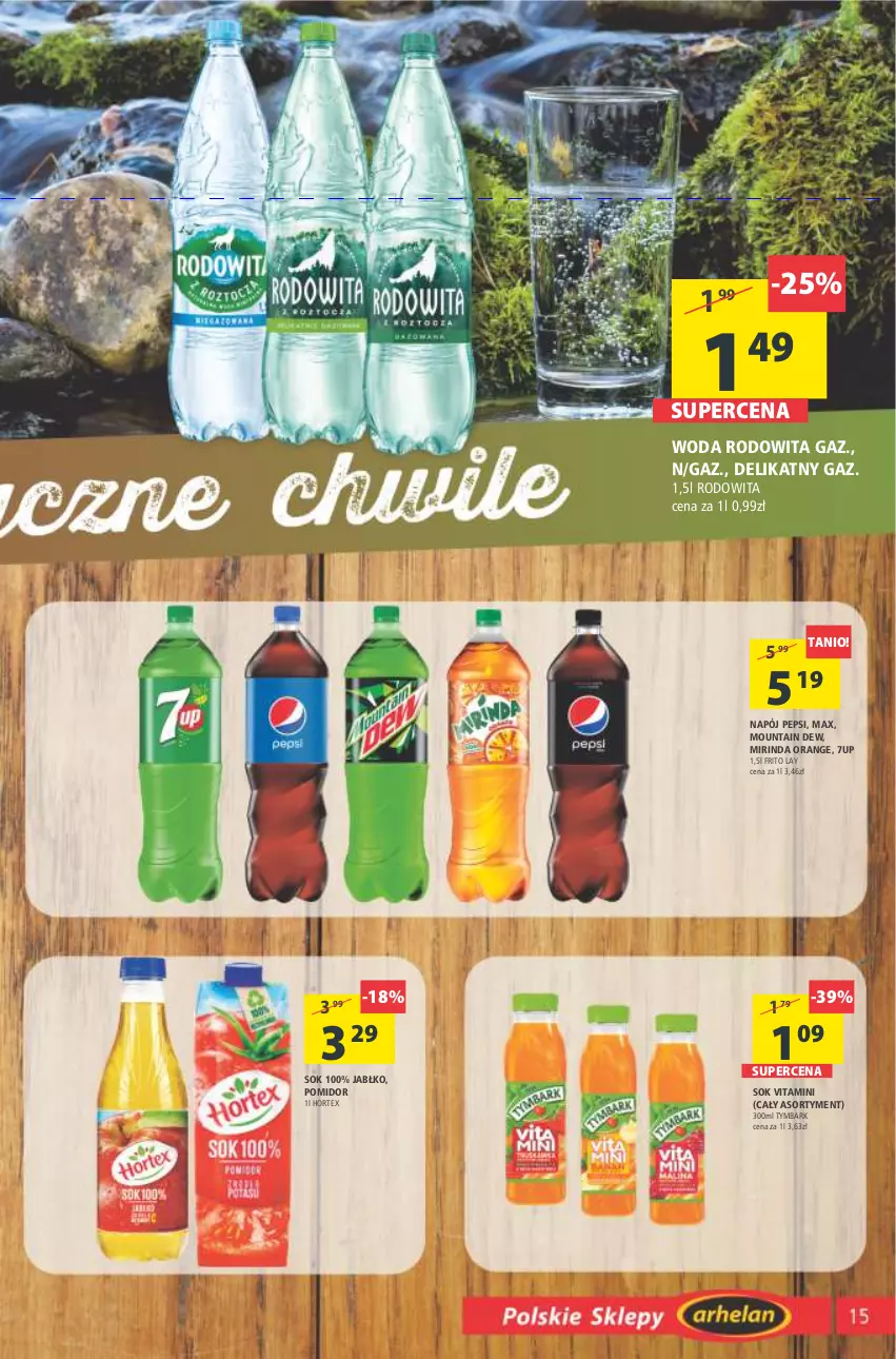 Gazetka promocyjna Arhelan - Gazetka - ważna 28.01 do 06.02.2022 - strona 15 - produkty: 7up, Hortex, Mirinda, Napój, Pepsi, Sok, Tymbark, Woda