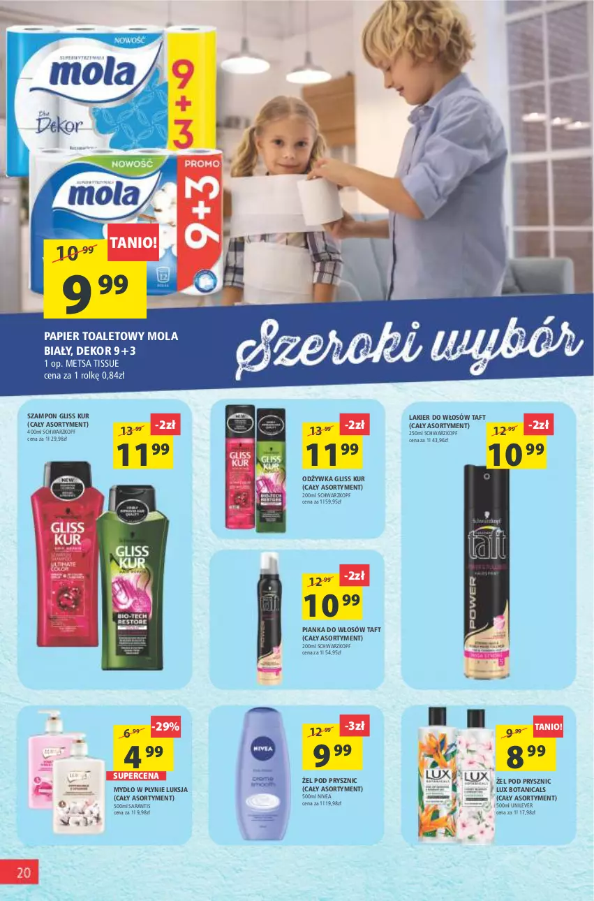 Gazetka promocyjna Arhelan - Gazetka - ważna 28.01 do 06.02.2022 - strona 20 - produkty: Gliss Kur, Lakier, Lakier do włosów, Luksja, Mola, Mydło, Mydło w płynie, Nivea, Odżywka, Papier, Papier toaletowy, Pianka do włosów, Schwarzkopf, Szampon, Taft