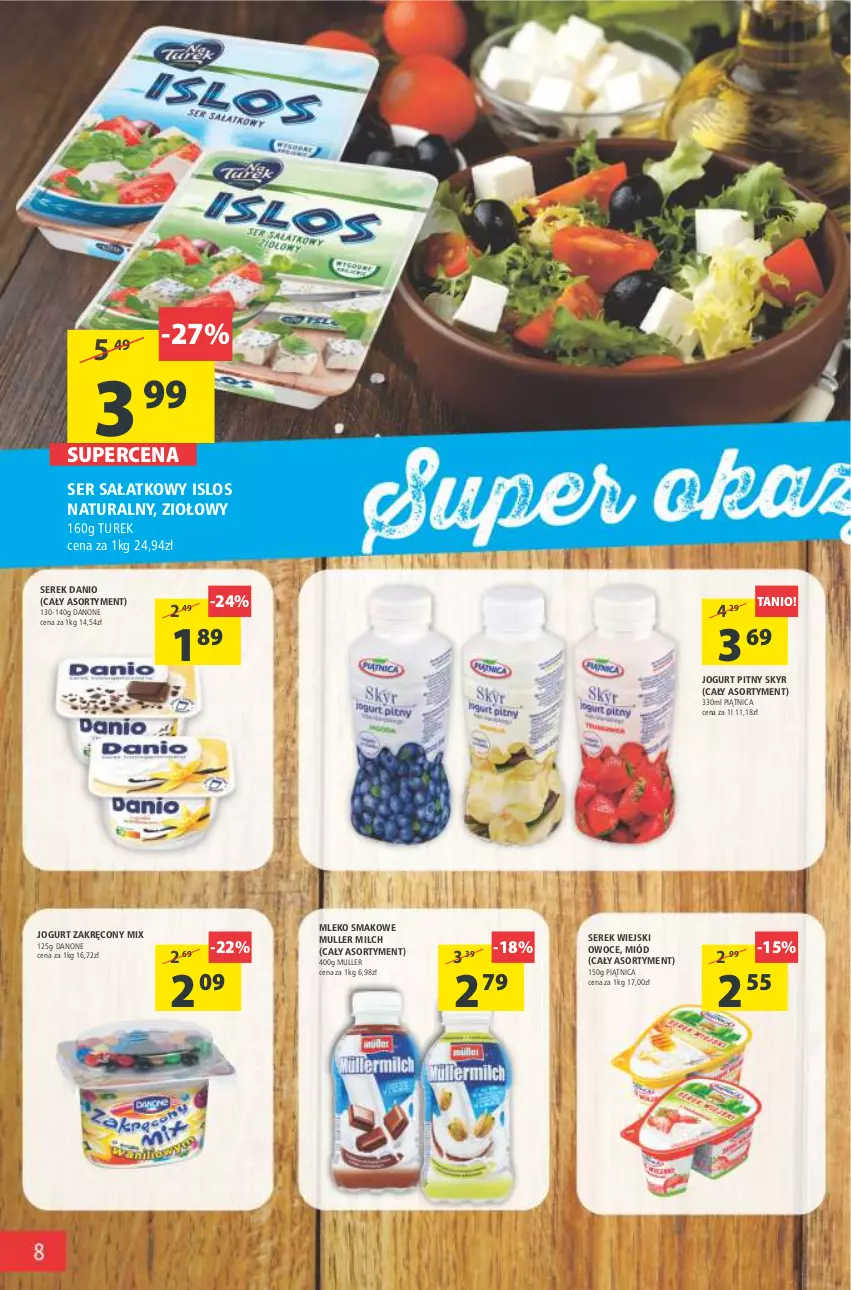 Gazetka promocyjna Arhelan - Gazetka - ważna 28.01 do 06.02.2022 - strona 8 - produkty: Danio, Danone, Jogurt, Jogurt pitny, Miód, Mleko, Mleko smakowe, Owoce, Piątnica, Sałat, Ser, Serek, Serek wiejski