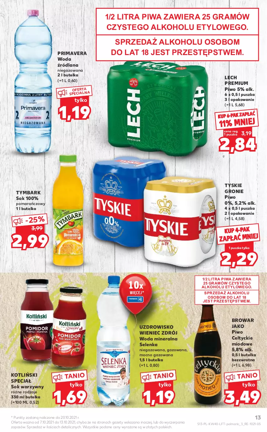 Gazetka promocyjna Kaufland - OFERTA TYGODNIA - ważna 07.10 do 13.10.2021 - strona 13 - produkty: Gra, LANA, Lech Premium, Olma, Piwa, Piwo, Prima, Primavera, Sok, Tymbark, Tyskie, Wieniec, Woda, Woda mineralna