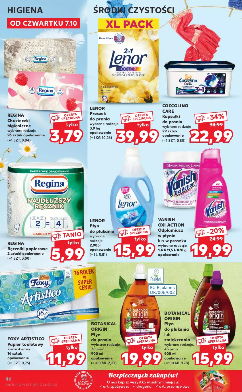 Gazetka promocyjna Kaufland - OFERTA TYGODNIA - ważna 07.10 do 13.10.2021 - strona 46 - produkty: Chusteczki, Coccolino, Foxy, Gin, Kapsułki do prania, Lenor, Odplamiacz, Papier, Papier toaletowy, Piec, Płyn do płukania, Płyn do prania, Proszek do prania, Ręcznik, Ręczniki papierowe, Vanish