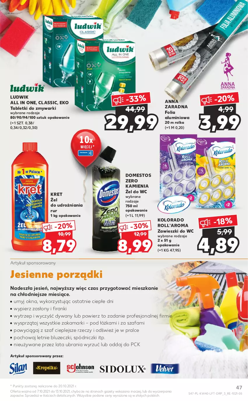 Gazetka promocyjna Kaufland - OFERTA TYGODNIA - ważna 07.10 do 13.10.2021 - strona 47 - produkty: Domestos, Dywan, Fa, Folia aluminiowa, Kolorado, Kret, Ludwik, Por, Szafa, Tablet, Tabletki do zmywarki, Ubrania, Zawieszki, Zmywarki