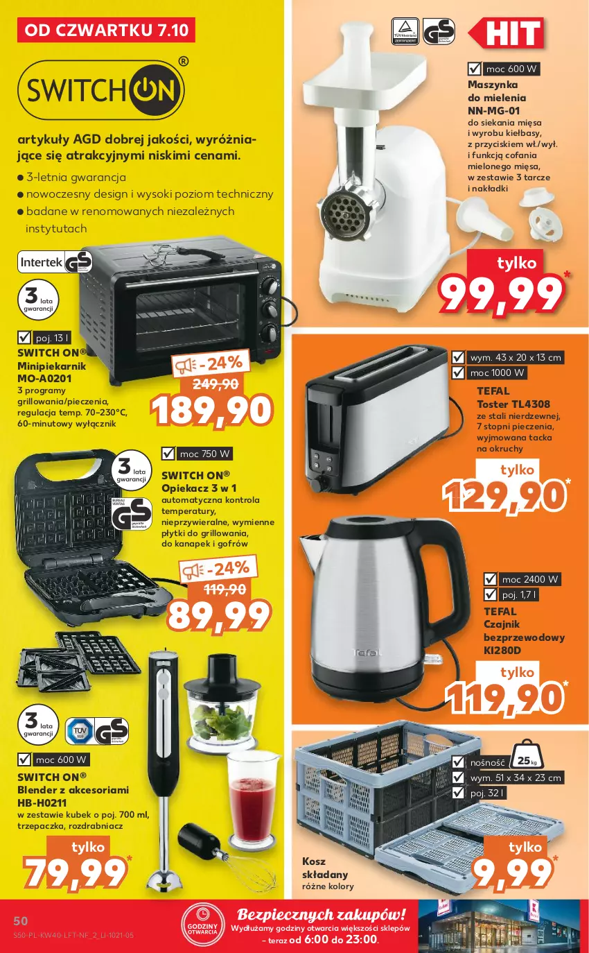 Gazetka promocyjna Kaufland - OFERTA TYGODNIA - ważna 07.10 do 13.10.2021 - strona 50 - produkty: Blender, Czajnik, Fa, Gra, Grill, Kosz, Kubek, Maszynka, Maszynka do mielenia, Minipiekarnik, Piec, Piekarnik, Rozdrabniacz, Sok, Szynka, Tefal, Tera, Top, Toster, Trzepaczka