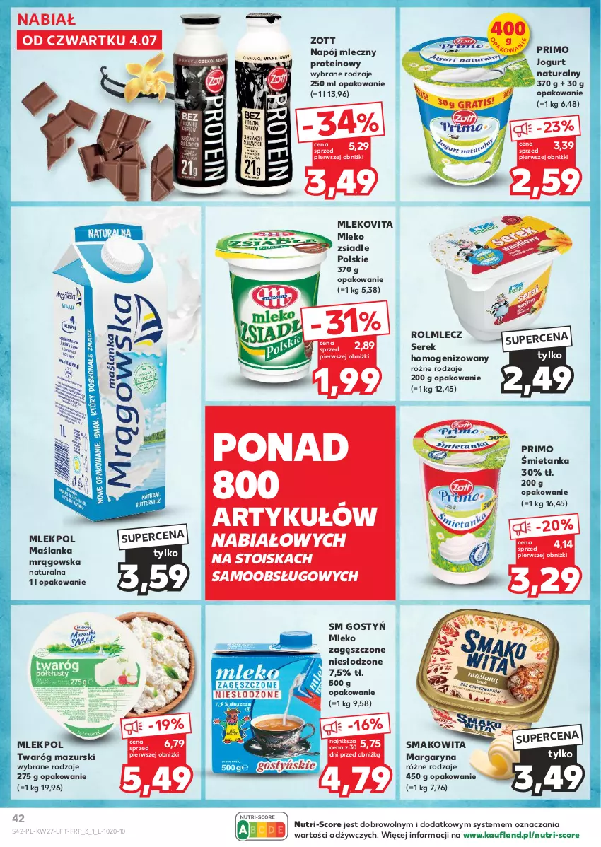 Gazetka promocyjna Kaufland - Gazetka tygodnia - ważna 04.07 do 10.07.2024 - strona 42 - produkty: Jogurt, Jogurt naturalny, Margaryna, Maślanka, Mleko, Mleko zagęszczone, Mleko zsiadłe, Mlekovita, Napój, Napój mleczny, Rolmlecz, Ser, Serek, Serek homogenizowany, Smakowita, Twaróg, Zott