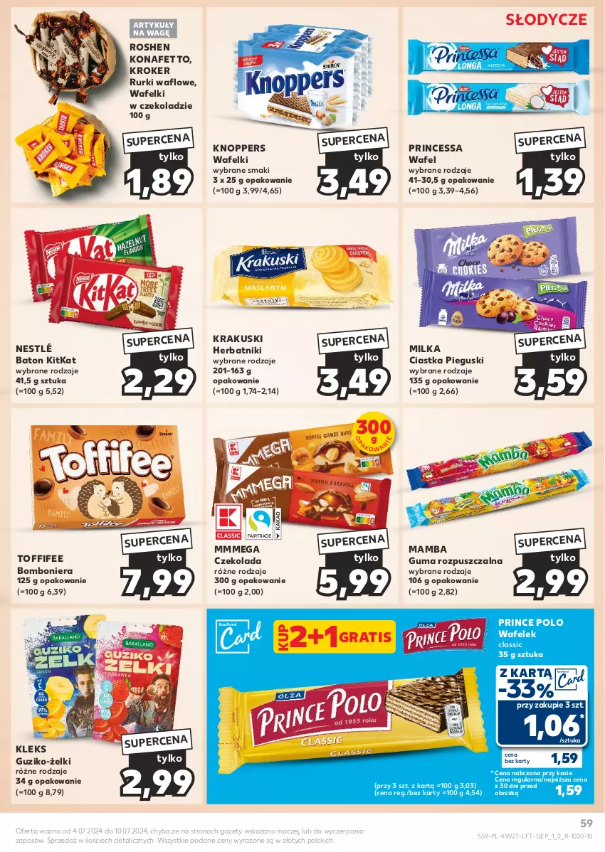 Gazetka promocyjna Kaufland - Gazetka tygodnia - ważna 04.07 do 10.07.2024 - strona 59 - produkty: Baton, Bomboniera, Ciastka, Czekolada, Gra, Guma rozpuszczalna, Herbatniki, Knoppers, Krakus, Krakuski, Mamba, Milka, Nestlé, Prince Polo, Princessa, Rurki, Toffifee, Wafelek