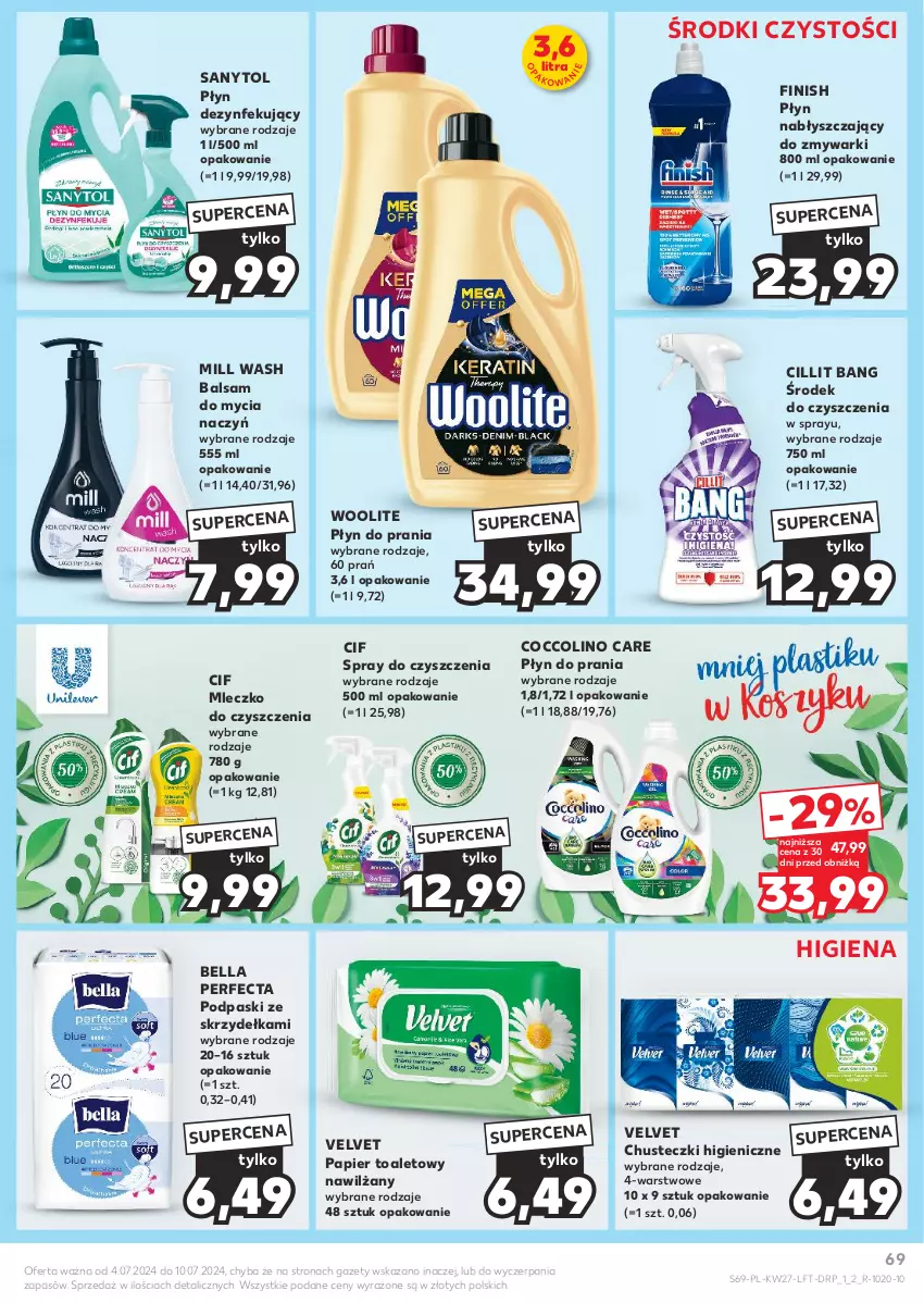 Gazetka promocyjna Kaufland - Gazetka tygodnia - ważna 04.07 do 10.07.2024 - strona 69 - produkty: Balsam do mycia naczyń, Bell, Bella, Chusteczki, Cif, Cillit Bang, Coccolino, Do mycia naczyń, Finish, Mleczko, Papier, Papier toaletowy, Perfecta, Płyn do prania, Płyn nabłyszczający, Podpaski, Podpaski ze skrzydełkami, Sanytol, Spray do czyszczenia, Velvet, Woolite, Zmywarki