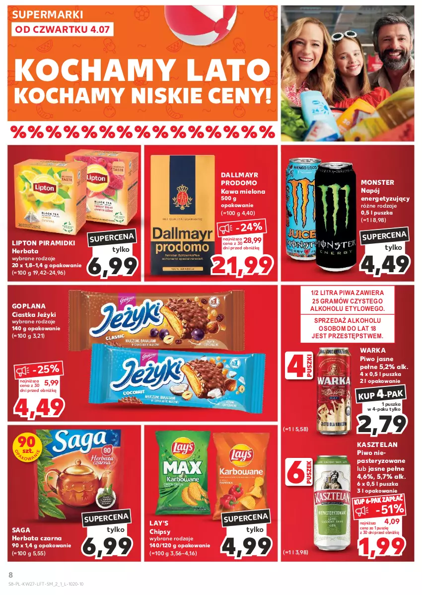 Gazetka promocyjna Kaufland - Gazetka tygodnia - ważna 04.07 do 10.07.2024 - strona 8 - produkty: Chipsy, Ciastka, Dallmayr, Goplana, Gra, Herbata, Herbata czarna, Jeżyki, Kasztelan, Kawa, Kawa mielona, Koc, LANA, Lay’s, Lipton, Napój, Piwa, Piwo, Piwo jasne, Saga, Warka