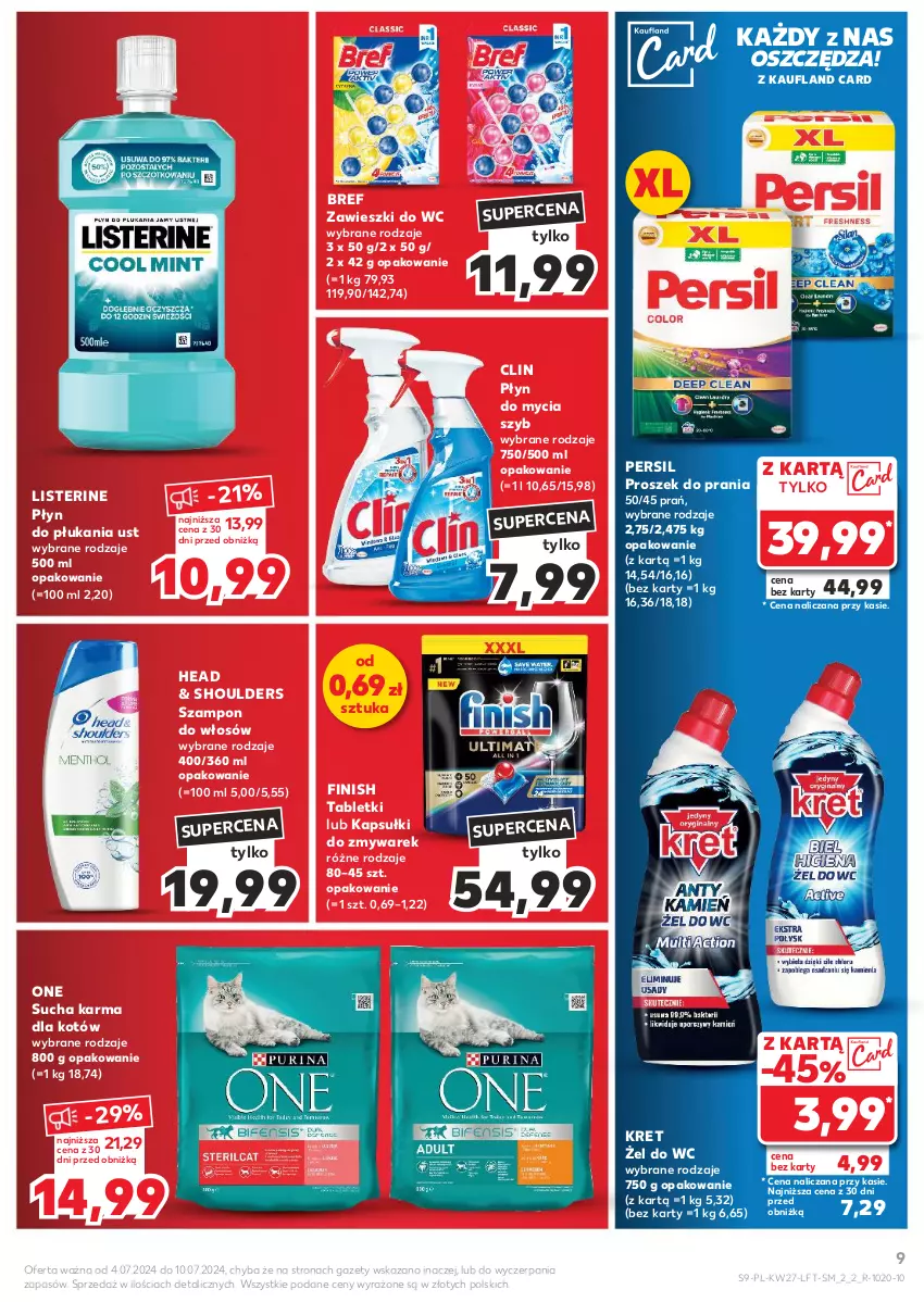 Gazetka promocyjna Kaufland - Gazetka tygodnia - ważna 04.07 do 10.07.2024 - strona 9 - produkty: Bref, Clin, Finish, Kret, Listerine, Persil, Płyn do mycia, Płyn do płukania, Proszek do prania, Sucha karma, Szampon, Tablet, Zawieszki