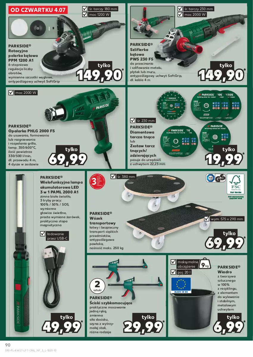 Gazetka promocyjna Kaufland - Gazetka tygodnia - ważna 04.07 do 10.07.2024 - strona 90 - produkty: Akumulator, Grill, Lampa, LG, Opalarka, Parkside, Piec, Por, Sos, Sport, Szlifierka, Szlifierka kątowa, Szyna, Tarcza tnąca, Top, Tran, Wiadro, Wózek, Wózek transportowy