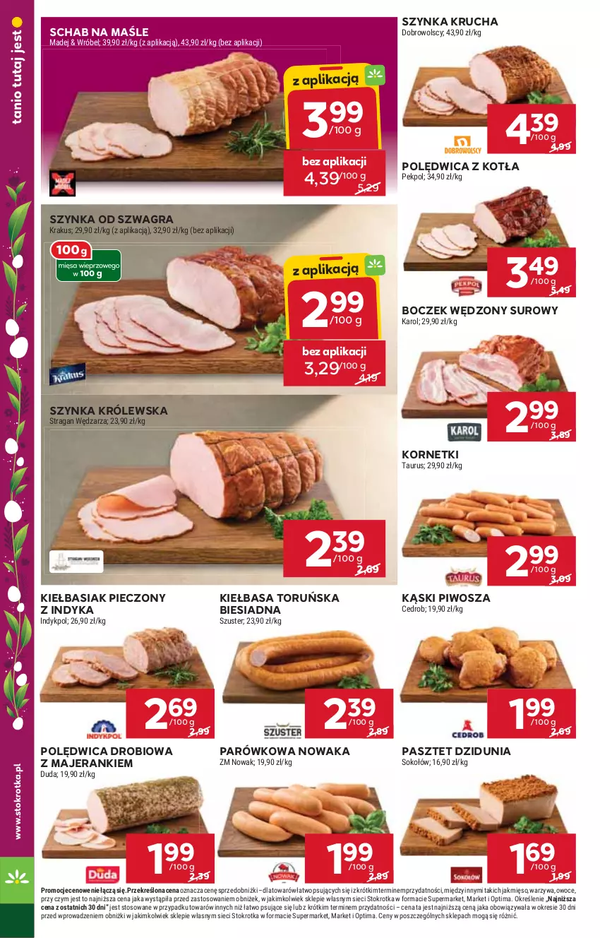 Gazetka promocyjna Stokrotka - Supermarket - ważna 19.03 do 25.03.2026 - strona 14 - produkty: Basia, Boczek, Duda, Gra, Kiełbasa, Krakus, Mięso, NOWAK, Optima, Owoce, Pasztet, Pekpol, Piec, Piwo, Polędwica, Sok, Sokołów, Szynka, Szynka Królewska, Warzywa