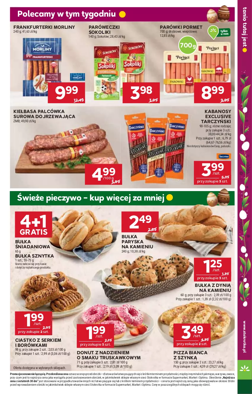 Gazetka promocyjna Stokrotka - Supermarket - ważna 19.03 do 25.03.2026 - strona 15 - produkty: Borówka, Bułka, Danio, Donut, Dynią, Frankfurterki, Gra, Kabanos, Kiełbasa, Mięso, Morliny, Optima, Owoce, Parówki, Piec, Pieczywo, Pizza, Por, Ser, Sok, Sokołów, Tarczyński, Warzywa