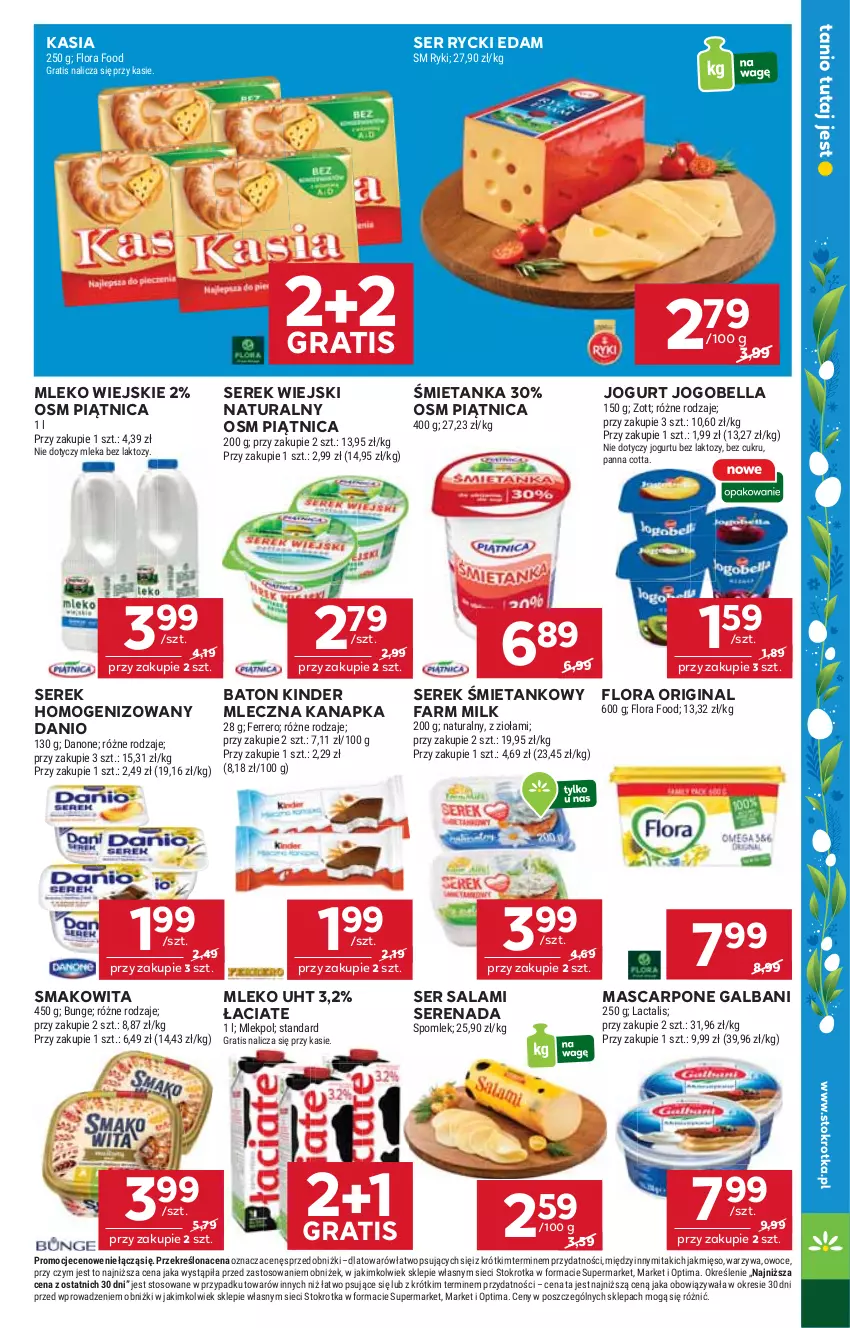 Gazetka promocyjna Stokrotka - Supermarket - ważna 19.03 do 25.03.2026 - strona 23 - produkty: Baton, Bell, Bella, Danio, Danone, Edam, Fa, Farm Milk, Ferrero, Flora, Galbani, Gin, Gra, Jogobella, Jogurt, Kasia, Kinder, Mascarpone, Mięso, Mleczna kanapka, Mleko, Optima, Owoce, Panna cotta, Piątnica, Rycki Edam, Salami, Ser, Ser salami, Serek, Serek homogenizowany, Serek wiejski, Smakowita, Warzywa, Zott