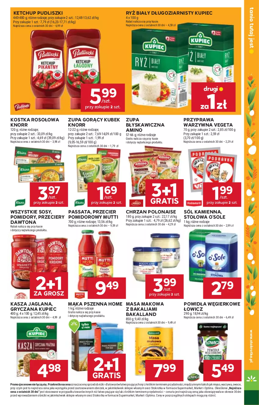 Gazetka promocyjna Stokrotka - Supermarket - ważna 19.03 do 25.03.2026 - strona 25 - produkty: Bakalland, Chrzan, Dawtona, Gra, Gry, Kasza, Kasza jaglana, Ketchup, Knorr, Kubek, Kupiec, LANA, Mąka, Mąka pszenna, Mięso, Optima, Owoce, Piec, Pomidory, Pudliszki, Ryż, Ryż biały, Sól, Sos, Vegeta, Warzywa, Zupa