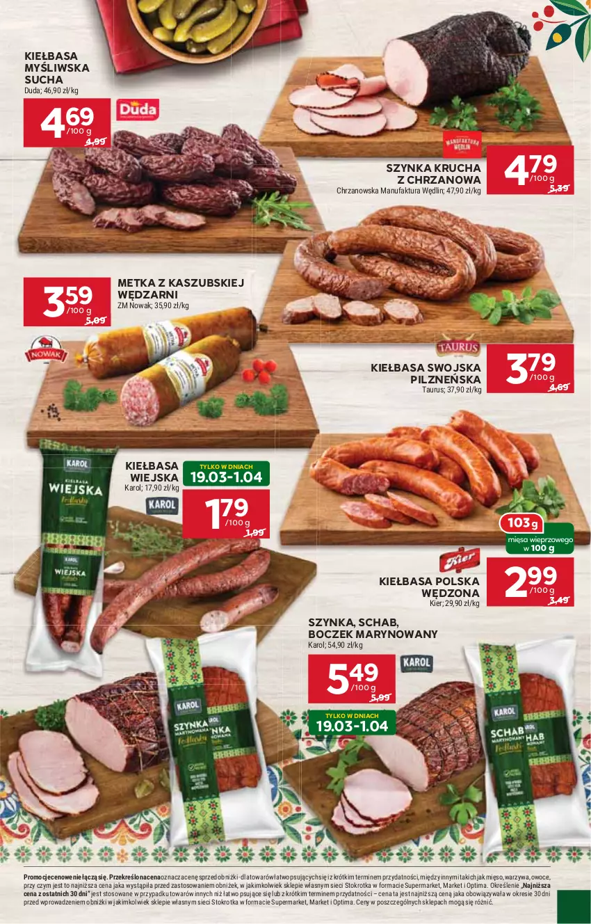 Gazetka promocyjna Stokrotka - Supermarket - ważna 19.03 do 25.03.2026 - strona 29 - produkty: Boczek, Chrzan, Duda, Fa, Kiełbasa, Kiełbasa wiejska, Mięso, NOWAK, Optima, Owoce, Szynka, Warzywa