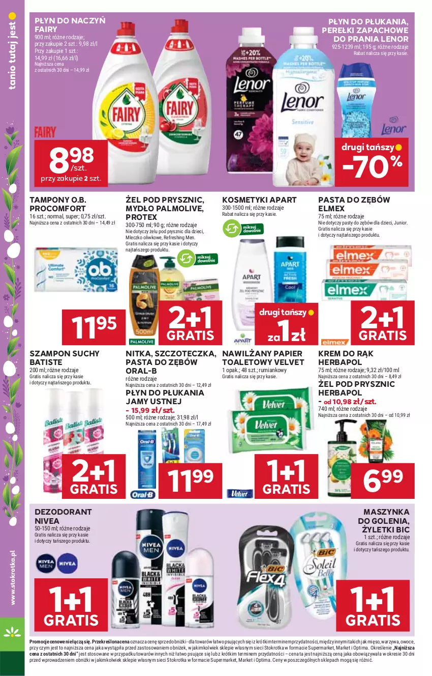 Gazetka promocyjna Stokrotka - Supermarket - ważna 19.03 do 25.03.2026 - strona 40 - produkty: Batiste, BIC, Dezodorant, Dzieci, Elmex, Fa, Fairy, Gra, Herbapol, Krem do rąk, Lenor, Maszynka, Maszynka do golenia, Mięso, Mleczko, Mydło, Nawilżany papier, Nivea, O.B., Optima, Owoce, Palmolive, Papier, Pasta do zębów, Perełki zapachowe, Płyn do płukania, Płyn do płukania jamy ustnej, Rum, Szampon, Szczoteczka, Szynka, Tampony, Velvet, Warzywa