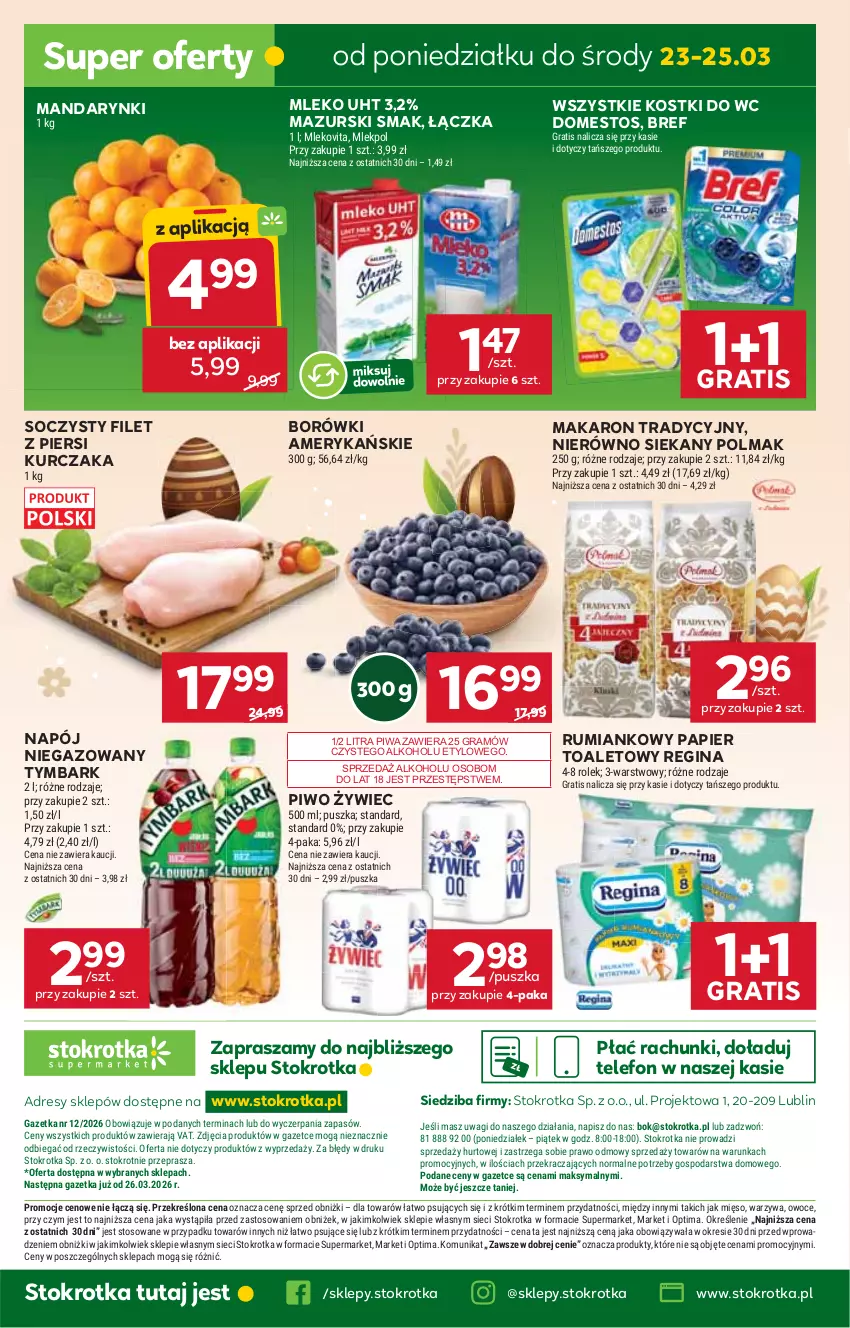Gazetka promocyjna Stokrotka - Supermarket - ważna 19.03 do 25.03.2026 - strona 44 - produkty: Bref, Domestos, Dres, Filet z piersi kurczaka, Gin, Gra, JBL, Kurczak, Makaron, Mandarynki, Mięso, Mleko, Mlekovita, Napój, Napój niegazowany, O nas, Olma, Optima, Owoce, Papier, Papier toaletowy, Piwa, Piwo, Rum, Telefon, Tymbark, Wagi, Warzywa
