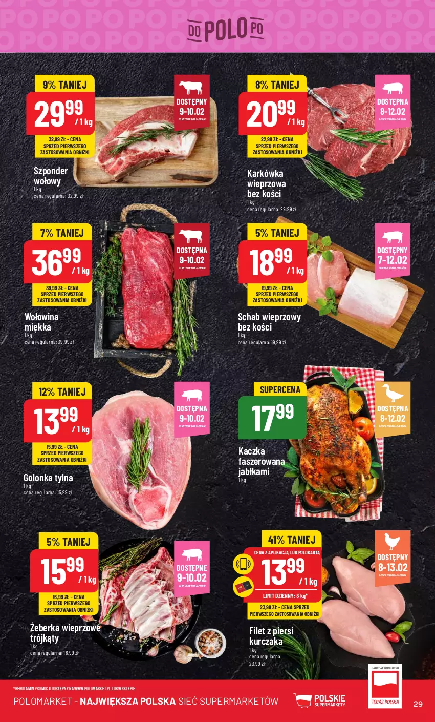 Gazetka promocyjna PoloMarket - Gazetka pomocyjna - ważna 07.02 do 13.02.2024 - strona 29 - produkty: Fa, Filet z piersi kurczaka, Jabłka, Kaczka, Kaczka faszerowana, Karkówka wieprzowa, Kurczak, Schab wieprzowy, Szponder wołowy, Wołowina