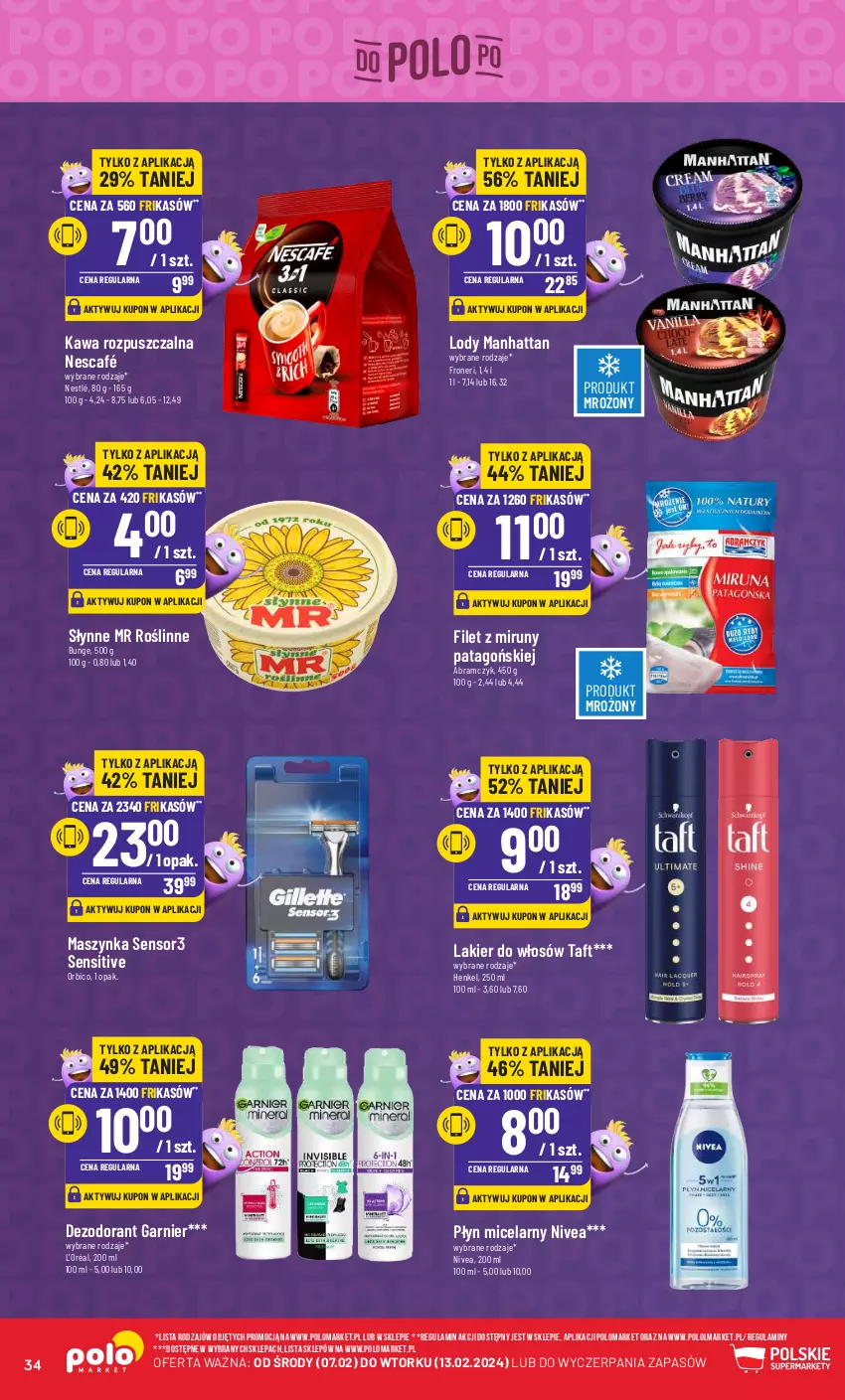 Gazetka promocyjna PoloMarket - Gazetka pomocyjna - ważna 07.02 do 13.02.2024 - strona 34 - produkty: BIC, Dezodorant, Garnier, Kawa, Kawa rozpuszczalna, L’Oréal, Lakier, Lakier do włosów, Lody, Maszynka, Nescafé, Nestlé, Nivea, Olma, Płyn micelarny, Słynne, Słynne MR Roślinne, Szynka, Taft, Tago