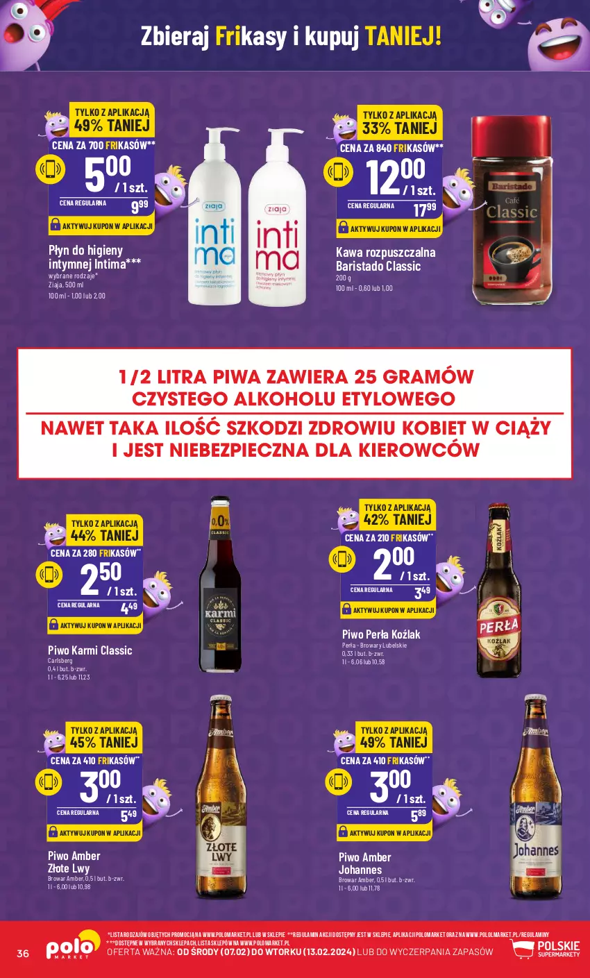 Gazetka promocyjna PoloMarket - Gazetka pomocyjna - ważna 07.02 do 13.02.2024 - strona 36 - produkty: Carlsberg, Karmi, Kawa, Kawa rozpuszczalna, Olma, Perła, Piwo, Płyn do higieny intymnej, Ziaja