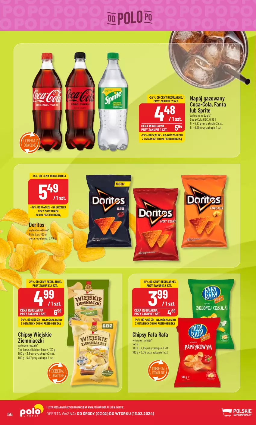 Gazetka promocyjna PoloMarket - Gazetka pomocyjna - ważna 07.02 do 13.02.2024 - strona 56 - produkty: Chipsy, Coca-Cola, Fa, Fanta, Lorenz, Napój, Napój gazowany, Sprite