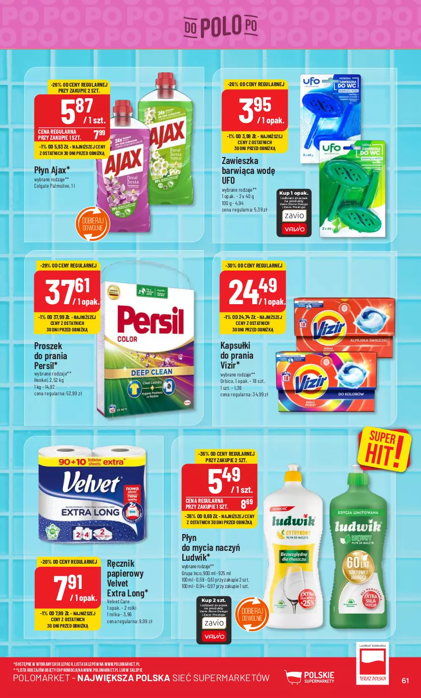 Gazetka promocyjna PoloMarket - Gazetka pomocyjna - ważna 07.02 do 13.02.2024 - strona 61 - produkty: Ajax, BIC, Colgate, Do mycia naczyń, Kapsułki do prania, LG, Ludwik, Palmolive, Papier, Persil, Płyn do mycia, Płyn do mycia naczyń, Proszek do prania, Ręcznik, Rolki, Velvet, Vizir